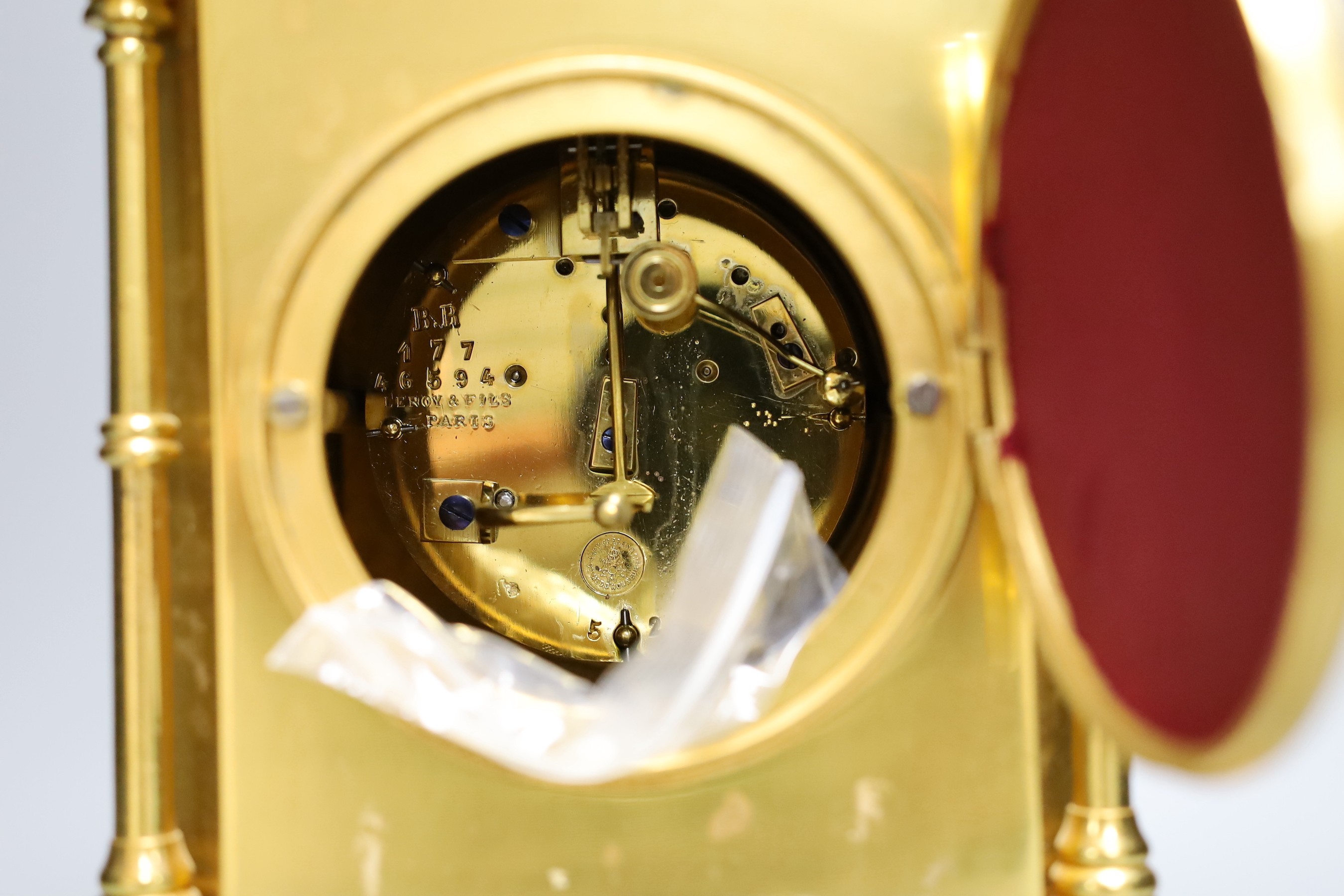 A Le Roy et Fils architectural brass mantel clock, with pendulum and key, 37cm tall